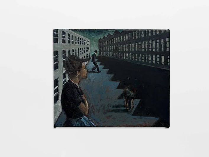 Laurie Smith, Private Rituals, 2025. Oil on Canvas. Courtesy of Gathering and the artist. Photo Ollie Hammick.jpg Person in urbaner Umgebung mit Hund, Eindrücke von Ruhe und Reflexion.Person in urban environment with dog, impressions of calm and reflection.