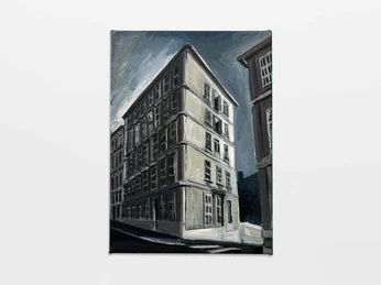Ölbild eines kantigen, mehrstöckigen Gebäudes vor düsterem Himmel.Oil painting of an angular, multi-storey building in front of a gloomy sky.