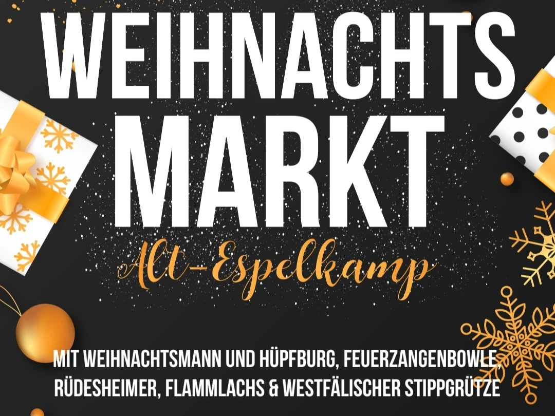 Weihnachtsmarkt Alt-Espelkamp Plakat zum Weihnachtsmarkt Alt-Espelkamp am 6. Dezember 2025 mit Programminfos und Dekoelementen.