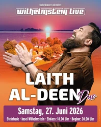 LAITH-AL-DEEN.jpg Laith Al-Deen lacht met uitgestrekte armen voor de zonsondergang boven het eiland Wilhelmstein.