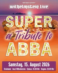 ABBA.jpg Plakat eines ABBA-Tribute-Konzerts auf der Insel Wilhelmstein mit Sonnenuntergang über dem See.