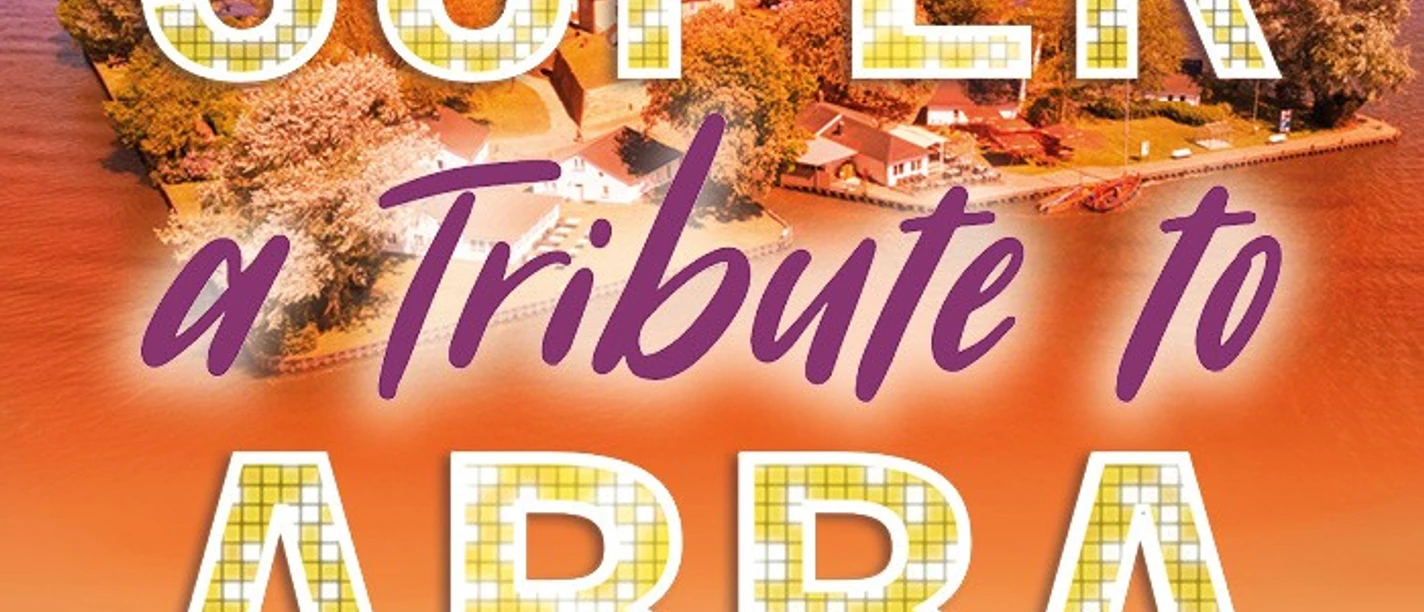 ABBA.jpg Affiche van een ABBA tribute concert op het eiland Wilhelmstein met zonsondergang over het meer.