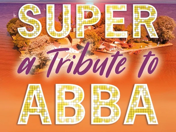ABBA.jpg Plakat eines ABBA-Tribute-Konzerts auf der Insel Wilhelmstein mit Sonnenuntergang über dem See.