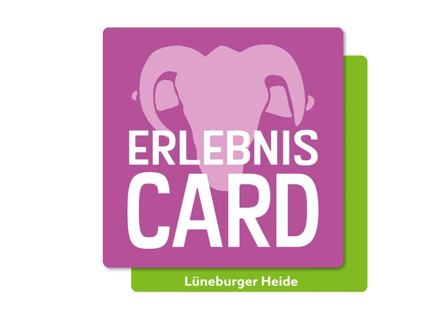 erlebniscard-lueneburger-heide.jpg Logo der ErlebnisCard Lüneburger Heide mit Heidschnuckenmotiv in Rosa und grünem Hintergrund.