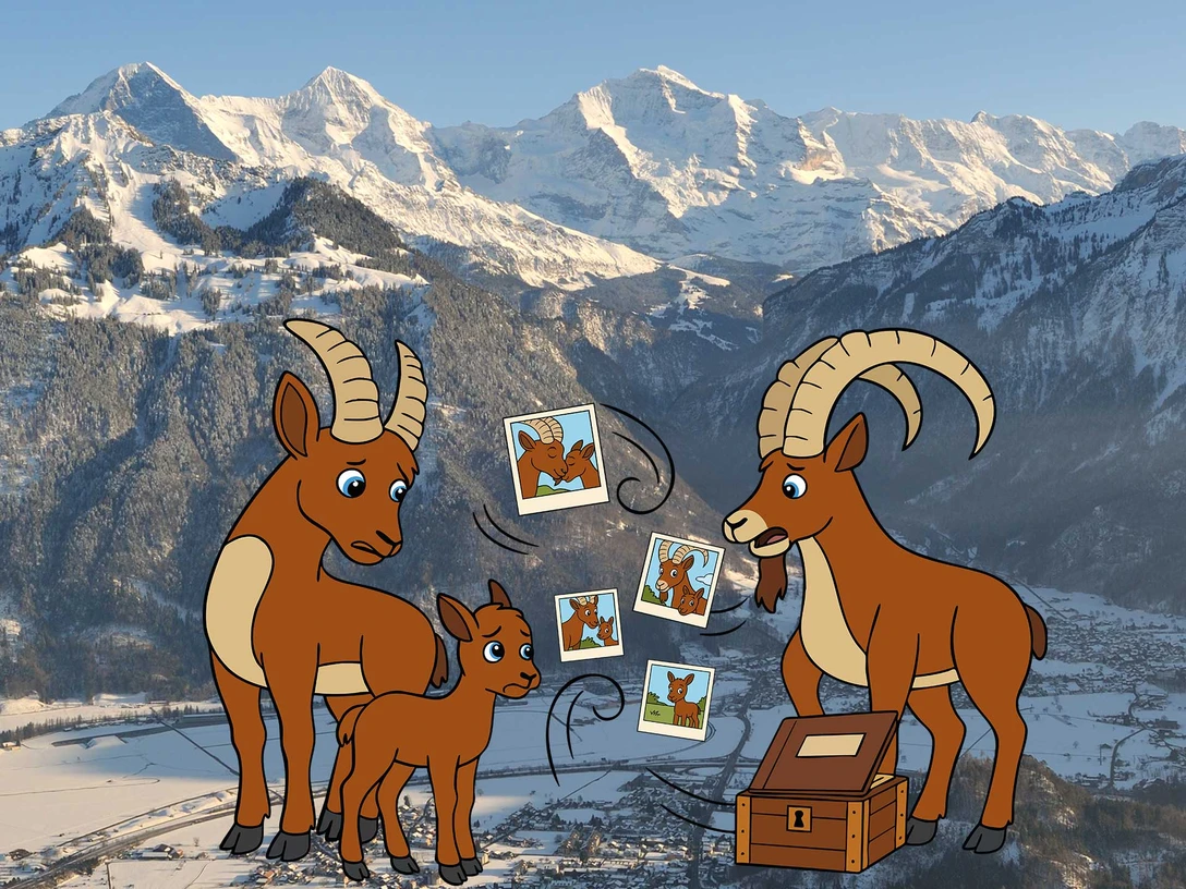 Illustration einer Steinbock Familie welche herumwirbelnden Familienfotos nachschaut. Als hintergrund eine Winterlandschaft mit Eiger, Mönch und Jungfrau.