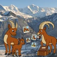 Illustration einer Steinbock Familie welche herumwirbelnden Familienfotos nachschaut. Als hintergrund eine Winterlandschaft mit Eiger, Mönch und Jungfrau.