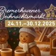 Web mit Datum.jpg Zwei Lebkuchenfiguren mit Tassen vor Weihnachtsbaum und Lebkuchenhaus, Schriftzug Bremerhavener Weihnachtsmarkt 2025
