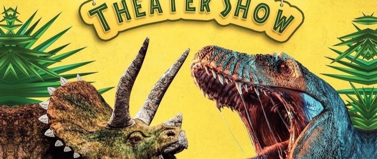 3444.jpg Werbeplakat zur Dinosaurier-Theatershow mit zwei Dinosauriern, Terminen und Veranstaltungsdetails.