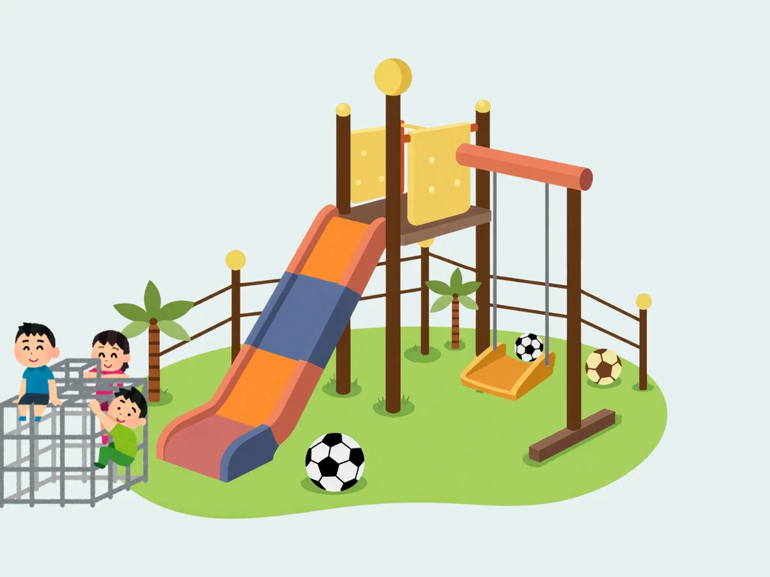 Spielplatz_Platzhalter Kinder spielen auf einem bunten Spielplatz mit Rutsche, Schaukel, Klettergerüst und Bällen.