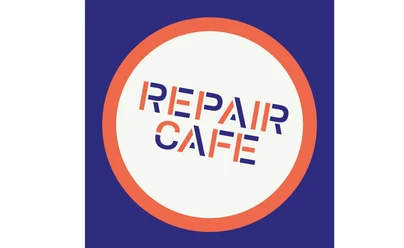 Logo Repair Cafe.png Rundes Logo mit dem Schriftzug Repair Café in orange und blau auf weißem Grund mit blauem Rand.