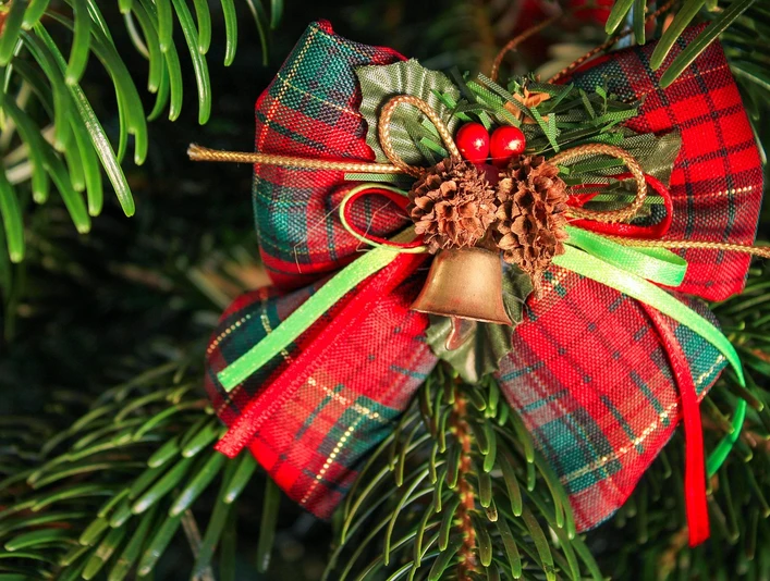 Weihnachtsschleife im Tannengrün Ein handgefertigter Weihnachtsanhänger aus Tannenzweigen mit rot-grüner Schleife und Glocke.A handmade Christmas pendant made from fir branches with a red and green bow and bell.Ručně vyrobený vánoční přívěsek z jedlových větviček s červenou a zelenou mašlí a zvonečkem.Ręcznie wykonana zawieszka świąteczna z gałązek jodły z czerwono-zieloną kokardką i dzwoneczkiem.Een handgemaakte kersthanger van dennentakken met een rode en groene strik en bel.Ciondolo natalizio fatto a mano con rami di abete, fiocco rosso e verde e campanella.