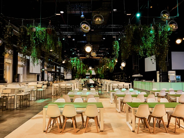 WISAG Event Service GmbH & Co. KG - Festsaal Ein Saal in Mischbestuhlung, in dem grüne Pflanzen von der Decke hängen.