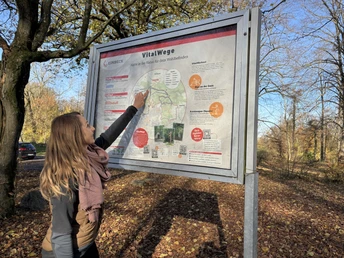 Starttatfel von den Vitalwegen auf der Hube im Herbst Frau betrachtet im herbstlichen Wald die Starttafel der Vitalwege auf der Hube in Einbeck.