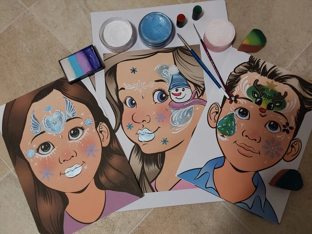 Workshop kleine Winterzauberei Zu sehen sind drei Skizzen von Gesichtern mit winterlichen Facepaiting-Motiven