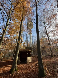 Märchenhütte am Fernsehturm Herbstimpressionen Herbstlicher Laubwald bei Einbeck mit hölzerner Schutzhütte und Fernmeldeturm im Sonnenlicht