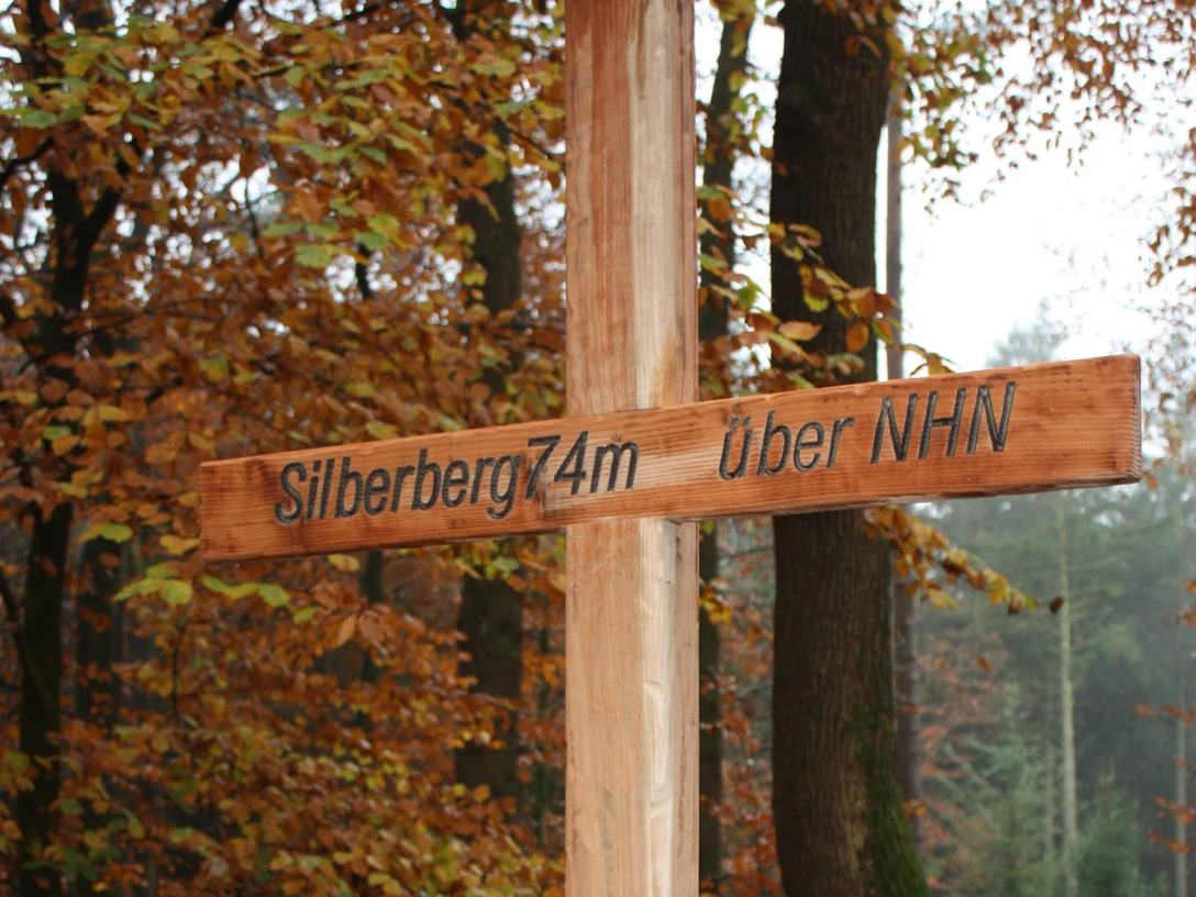 Wingst_Gipfelkreuz_Silberberg Gipfelkreuz aus Holz mit Gipfelbuch am Silberberg in der Wingst, umgeben von buntem Herbstwald.