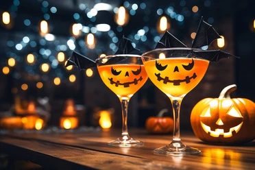 Zwei Halloween-Cocktails in Gläsern mit Kürbisfratzen, umgeben von Kerzenlicht.