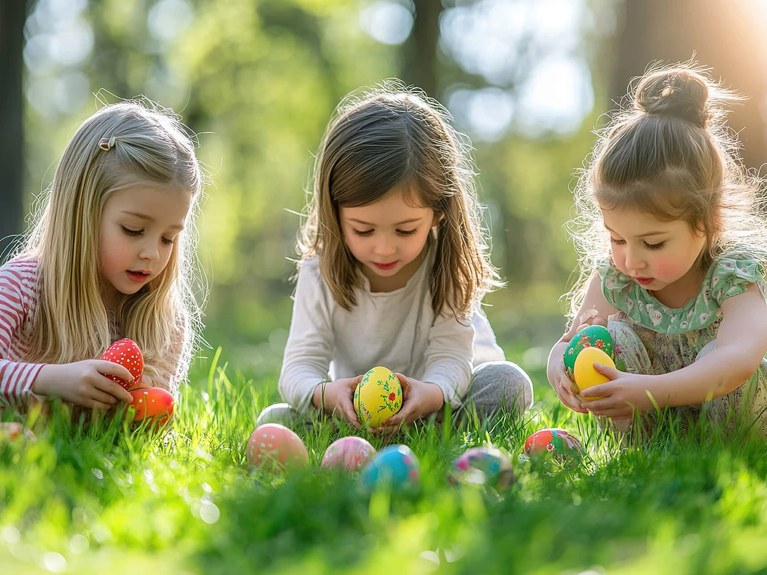kind-ostereier-fruehling-wiese.jpg Drei kleine Mädchen sammeln bunte Ostereier im grünen Gras unter hellen Sonnenstrahlen.