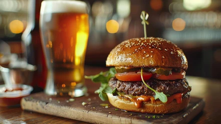 burger-restaurant.jpg Ein Burger mit Salat, Tomate, und Gurke neben einem Glas Bier auf einem Holzbrett.