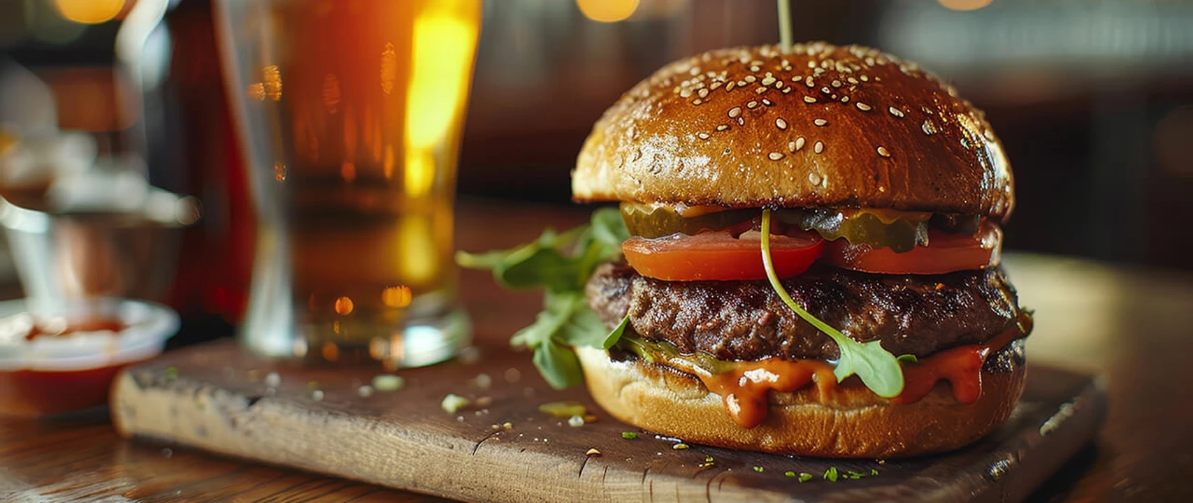 burger-restaurant.jpg Ein Burger mit Salat, Tomate, und Gurke neben einem Glas Bier auf einem Holzbrett.