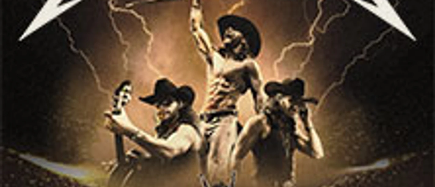 Drei Musiker in Cowboyhüten vor einem Blitzhintergrund auf einer Welt-Tournee.
