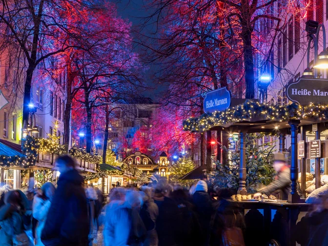 Christmas market in Cologne's old town Festlich beleuchteter Weihnachtsmarkt in Köln, gesäumt von geschmückten Ständen und fröhlichen Besucher:innen.Festively illuminated Christmas market in Cologne, lined with decorated stalls and cheerful visitors.