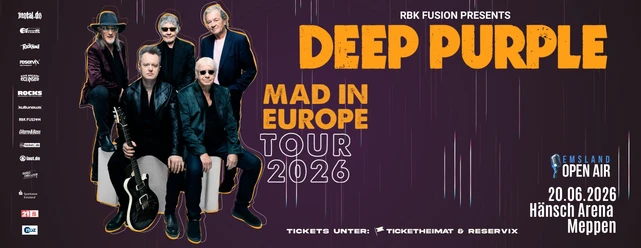 26-06-20-Deep-Purple-FB-VA.jpg Werbeplakat der Band Deep Purple zur Mad in Europe Tour 2026 beim Emsland Open Air in Meppen