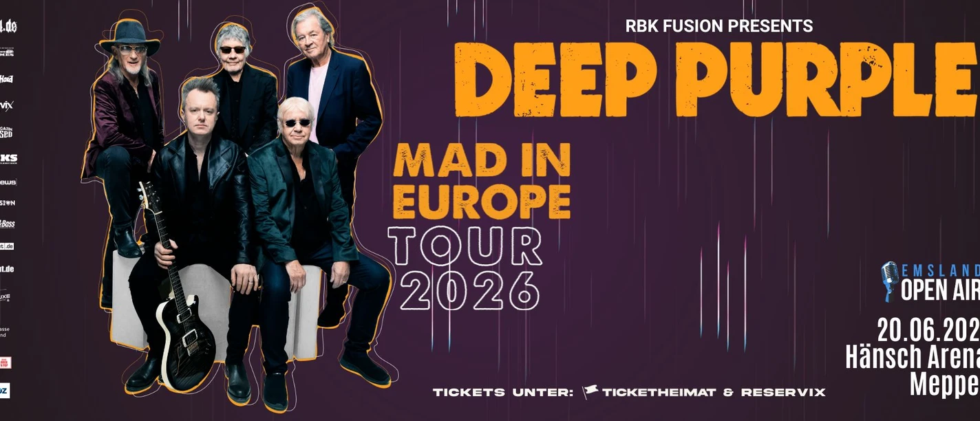 26-06-20-Deep-Purple-FB-VA.jpg Werbeplakat der Band Deep Purple zur Mad in Europe Tour 2026 beim Emsland Open Air in Meppen