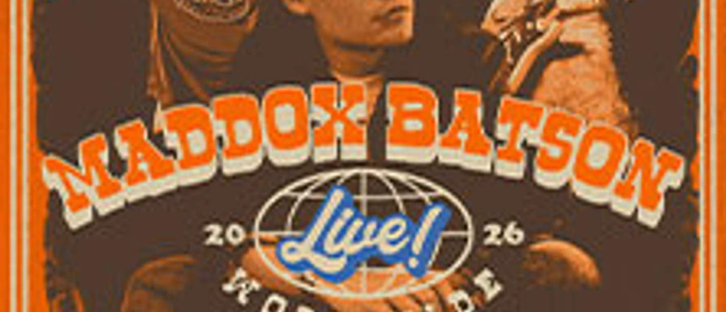 Musiker in action mit Gitarre und Mikrofon, Maddon Batson Live 2026 Worldwide Tour Poster.