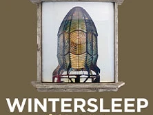 Ein bunt beleuchtetes Kunstwerk in einem rustikalen Holzrahmen, darunter steht "WINTERSLEEP".