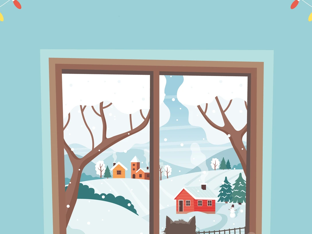 Winter window - a cat sitting on the sill with winter landscape and lettering. Cute cozy vector illustration in flat style