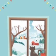 Winter window - a cat sitting on the sill with winter landscape and lettering. Cute cozy vector illustration in flat style Winter window - a cat sitting on the sill with winter landscape and lettering. Cute cozy vector illustration in flat style