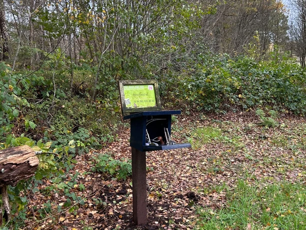 Stempelstelle-Nordsee-Reisepass-Torfspitt-Kayhausen-Bad-Zwischenahn.jpg Stempelstelle im Torfspitt mit Infotafel und Stempelbox, umgeben von Laub und grünen Sträuchern.