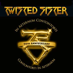 Goldenes Band mit 50. Jubiläumslogo von Twisted Sister, umgeben von lateinischen Schriftzügen.