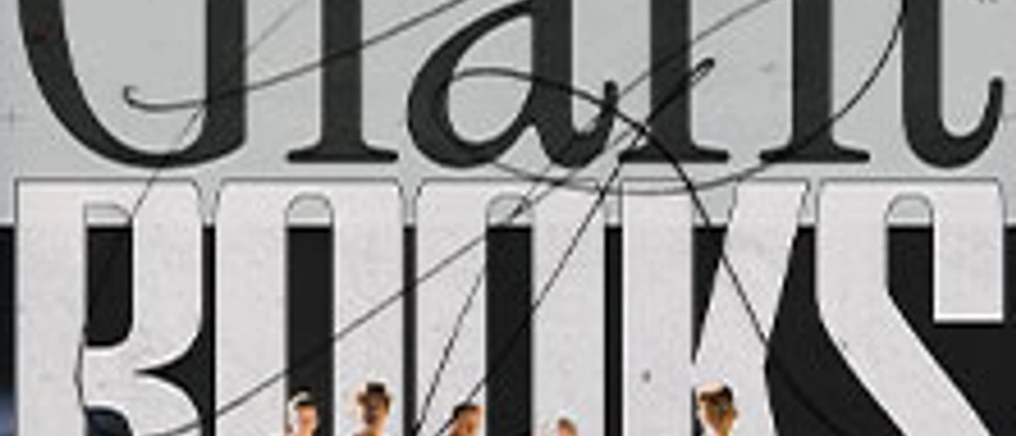 Fünfköpfige Band Giant Rooks läuft dynamisch vor einem großen, grafischen Schriftzug.