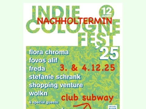 Ein bunt gestaltetes Plakat, das das Indie Cologne Fest 2025 bewirbt, mit Bandnamen und Datum.A colorful poster advertising the Indie Cologne Fest 2025, with band name and date.