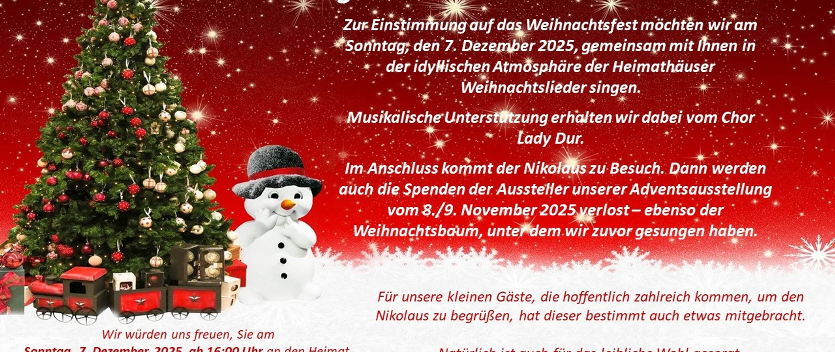 IMG_0667.jpeg Geschmückter Weihnachtsbaum mit Geschenken und Schneemann vor rotem Hintergrund mit Text zur Veranstaltung.
