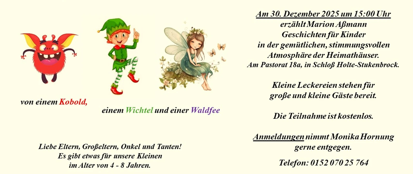 IMG_0669.jpeg Einladungsplakat zur Kinderveranstaltung mit Kobold, Wichtel und Waldfee und Veranstaltungsinfos.