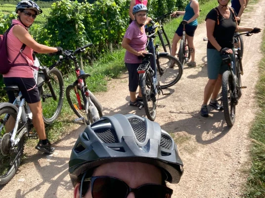 Gruppe Bikerin mit Reben im Hintergrund