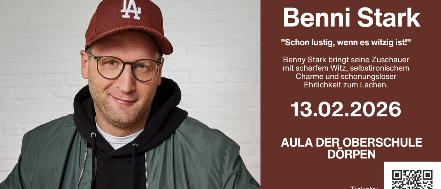 Benni Stark.png Porträt von Benni Stark mit roter Kappe und Brille, daneben Infos zu seiner Comedyshow in Dörpen.