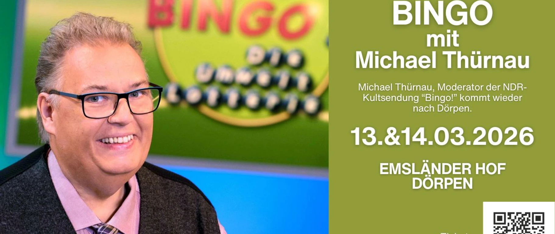 Bingo.jpg Moderator Michael Thürnau vor dem Bingo-Logo mit Ankündigung des Events im Emsländer Hof Dörpen.