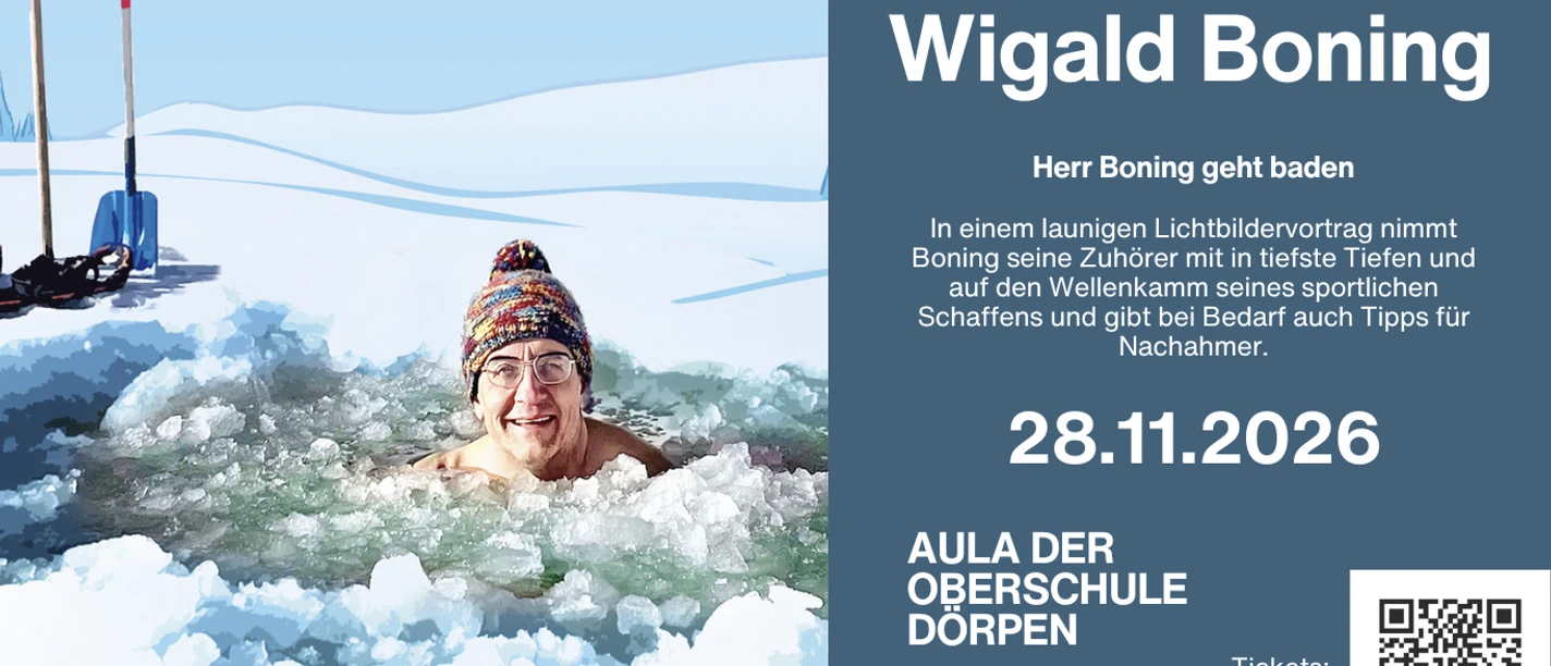 Wiegald Boning.png Ein Mann mit Wollmütze badet lächelnd in einem Eisloch, umgeben von Schnee und Eisschollen.