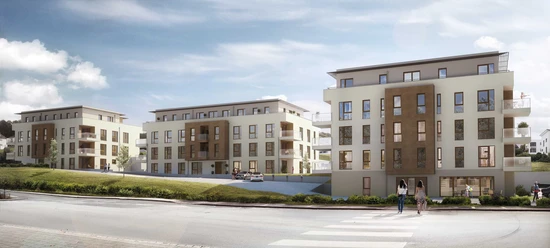 Wohnquartier Parkblick Drei modernen Mehrfamilienhäusern mit Balkonen und Tiefgaragenzufahrt.