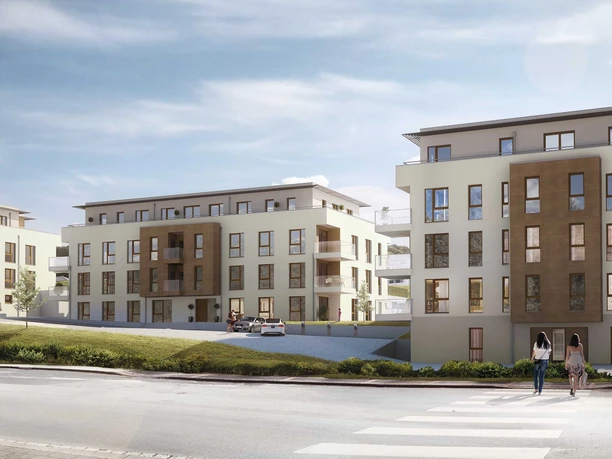 Wohnquartier Parkblick Drei modernen Mehrfamilienhäusern mit Balkonen und Tiefgaragenzufahrt.