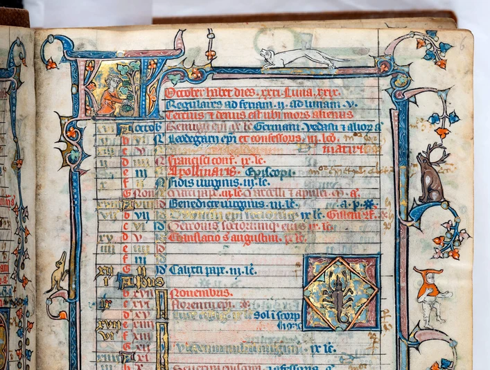 Psalter-Breviary, north-east France, after 1297, Museum Schnütgen Mittelalterliche Handschrift mit kunstvoll verzierten Initialen und Randmalereien.Medieval manuscript with elaborately decorated initials and marginal paintings.