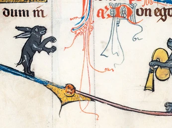 Detail aus: Psalter-Brevier, Nordostfrankreich, nach 1297, Museum Schnütgen Eine mittelalterliche Buchillustration zeigt einen aufrecht stehenden Hund mit Trompete und einen Hasen.A medieval book illustration shows an upright dog with a trumpet and a hare.