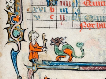 Detail aus: Psalter-Brevier, Nordostfrankreich, nach 1297, Museum Schnütgen Eine Miniaturmalerei aus einem mittelalterlichen Manuskript zeigt eine Figur, die ein Schriftstück einem Drachen präsentiert.A miniature painting from a medieval manuscript shows a figure presenting a document to a dragon.
