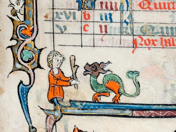 Detail aus: Psalter-Brevier, Nordostfrankreich, nach 1297, Museum Schnütgen Eine Miniaturmalerei aus einem mittelalterlichen Manuskript zeigt eine Figur, die ein Schriftstück einem Drachen präsentiert.