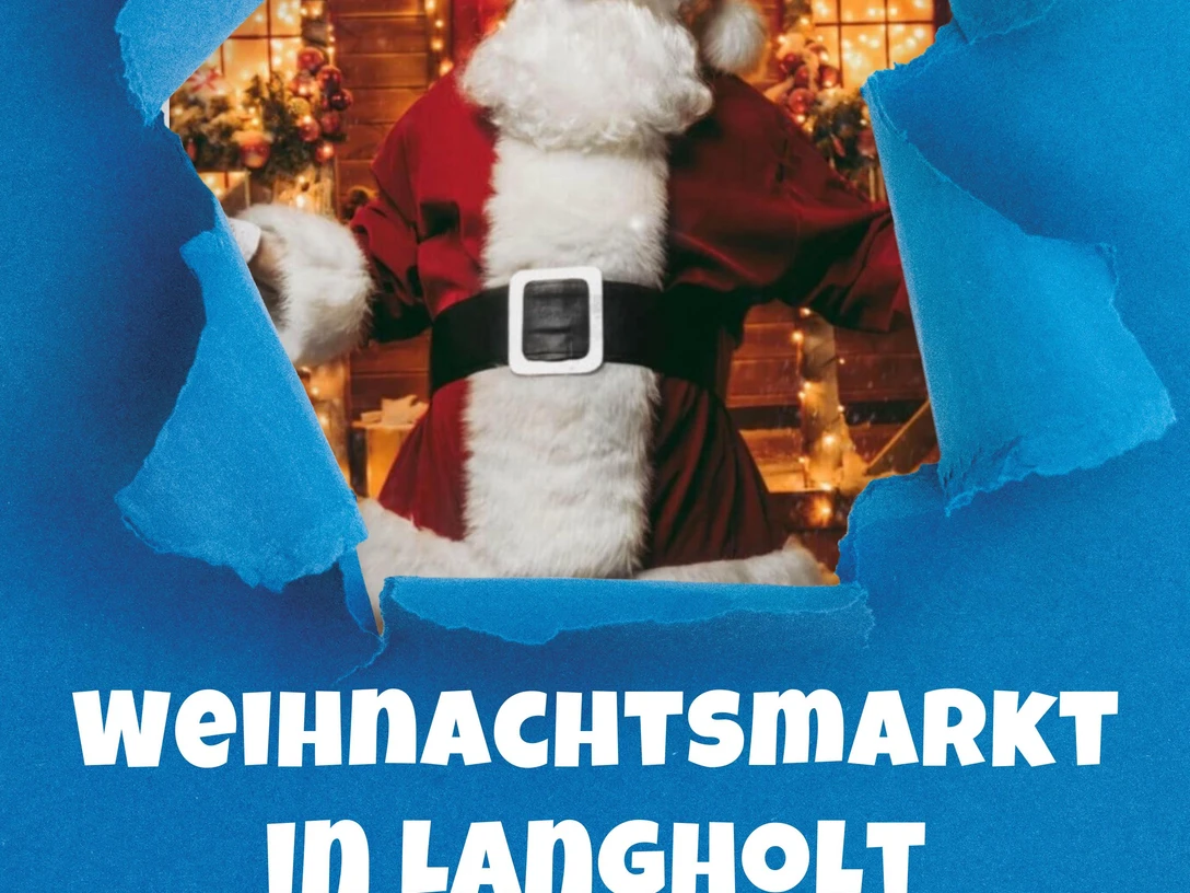 WhatsApp Image 2025-11-12 at 10.47.04.jpeg Weihnachtsmann in rotem Mantel mit weißem Pelzbesatz und schwarzem Gürtel vor festlich beleuchtetem Hintergrund, umgeben von blauem Papierrahmen.