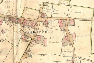 Die Ortsmitte von Birkefehl auf dem Urkataster aus dem Jahr 1838. Teilweise sind sogar die Grundstückseigentümer eingetragen.